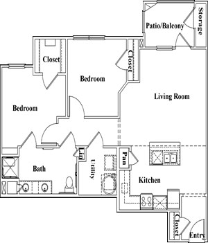 B1 HC -Two Bedroom / One Bath - 1,000 Sq. Ft.*
